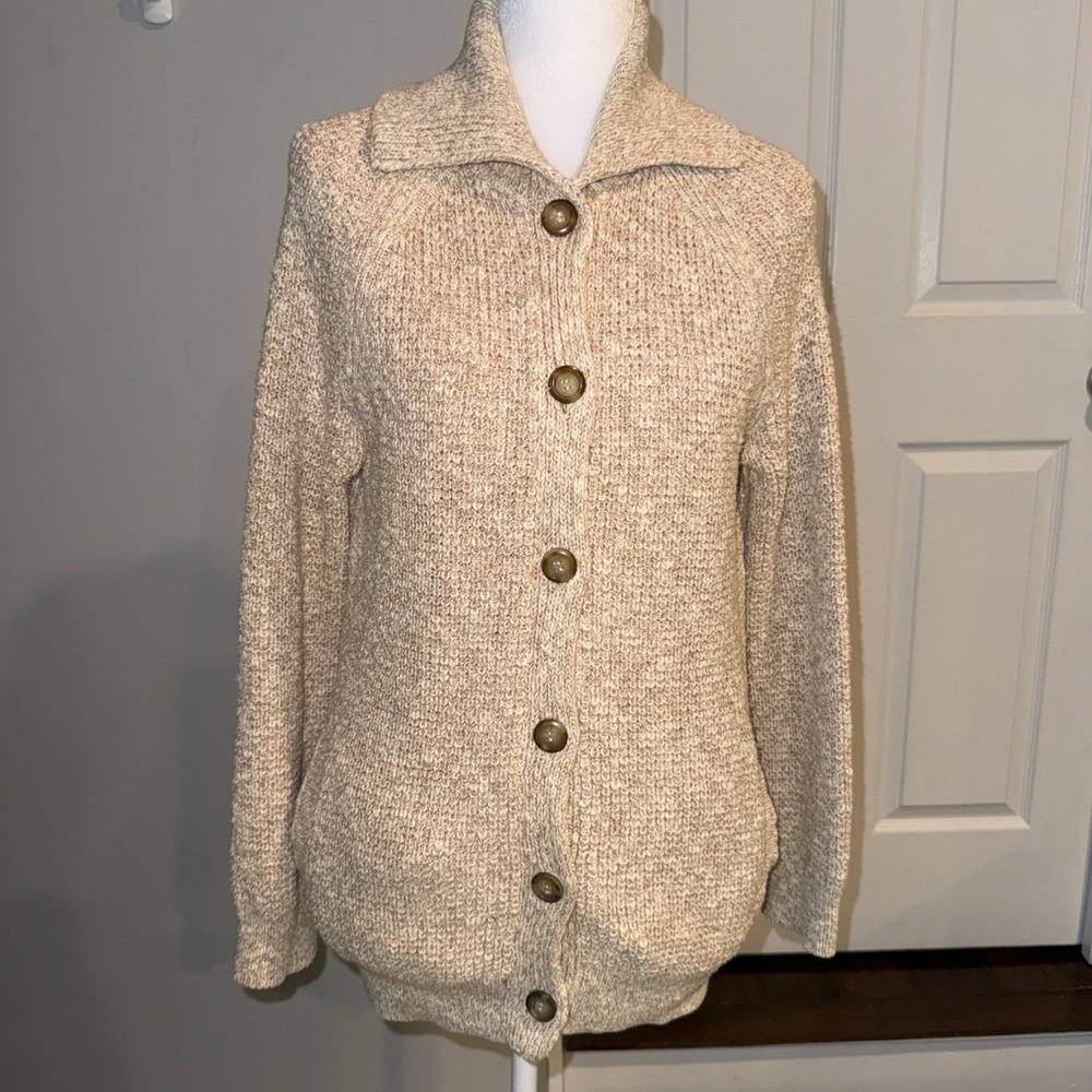LL Bean Signature Cotton Cable Knit Beige Button Up Sweater Size Small Fisherman